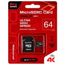 QUMO MicroSDXC 64GB UHS-I U3 Pro seria 3.0 + адаптер(QM64GMICSDXC10U3)